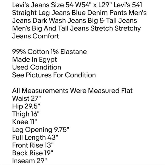 Levi's Jeans Size 54 W54" x L29" Levi's 541 Straight Leg Jeans Blue Denim Pants - Picture 2 of 6